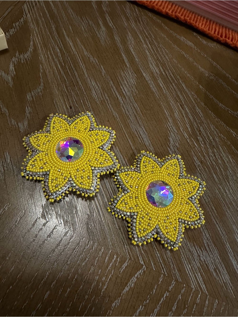 Yellow Beaded Flower Statement Earrings with Iridescent Center